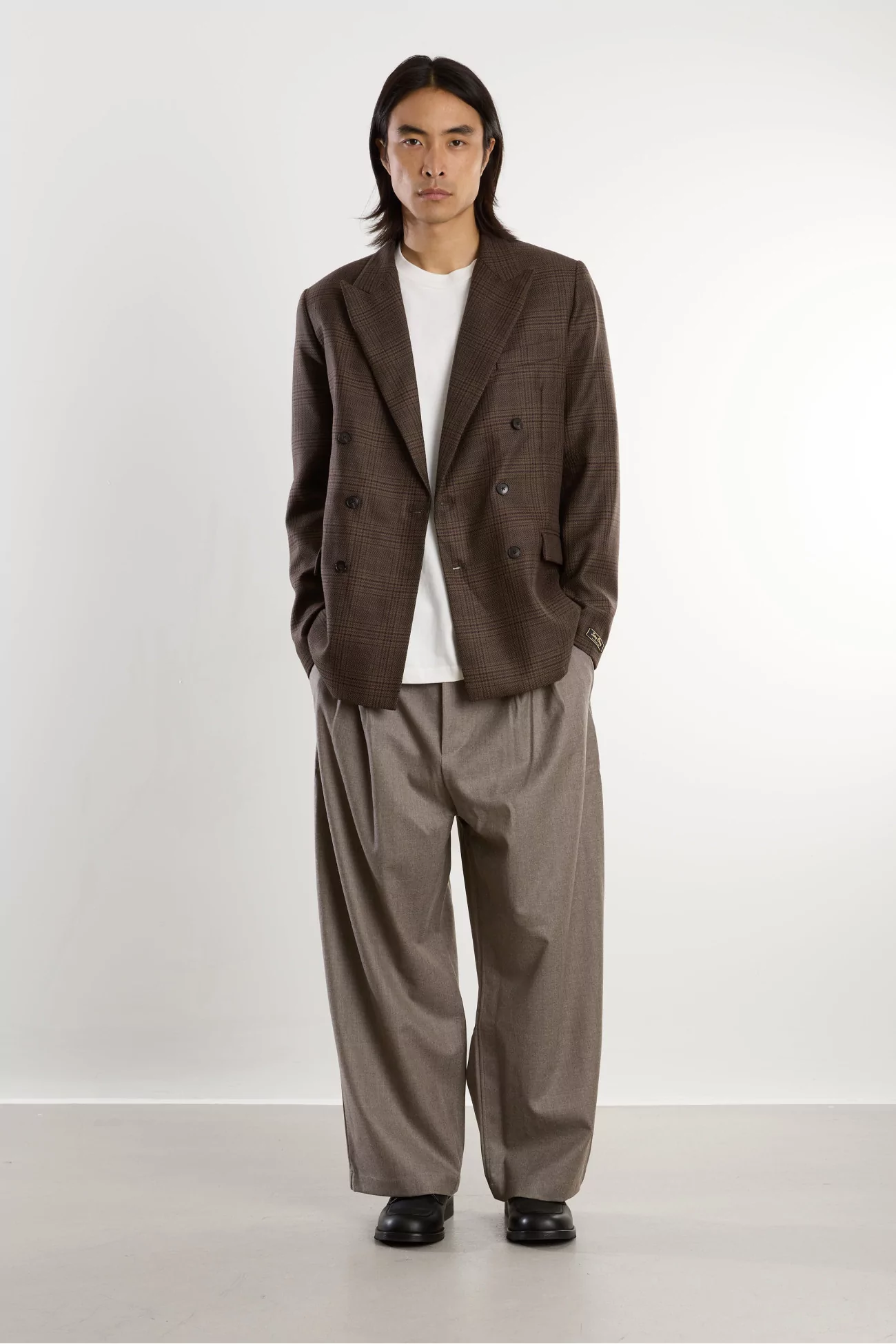Linen Double Breasted Peak Blazer – Syrah Check | Centre Commercial